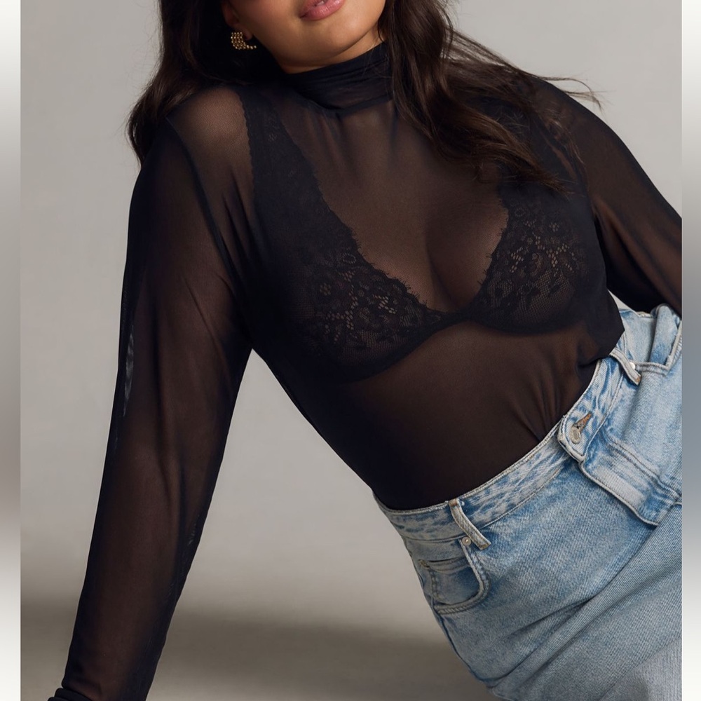 Anthropologie Black Sheer Mock Neck Blouse